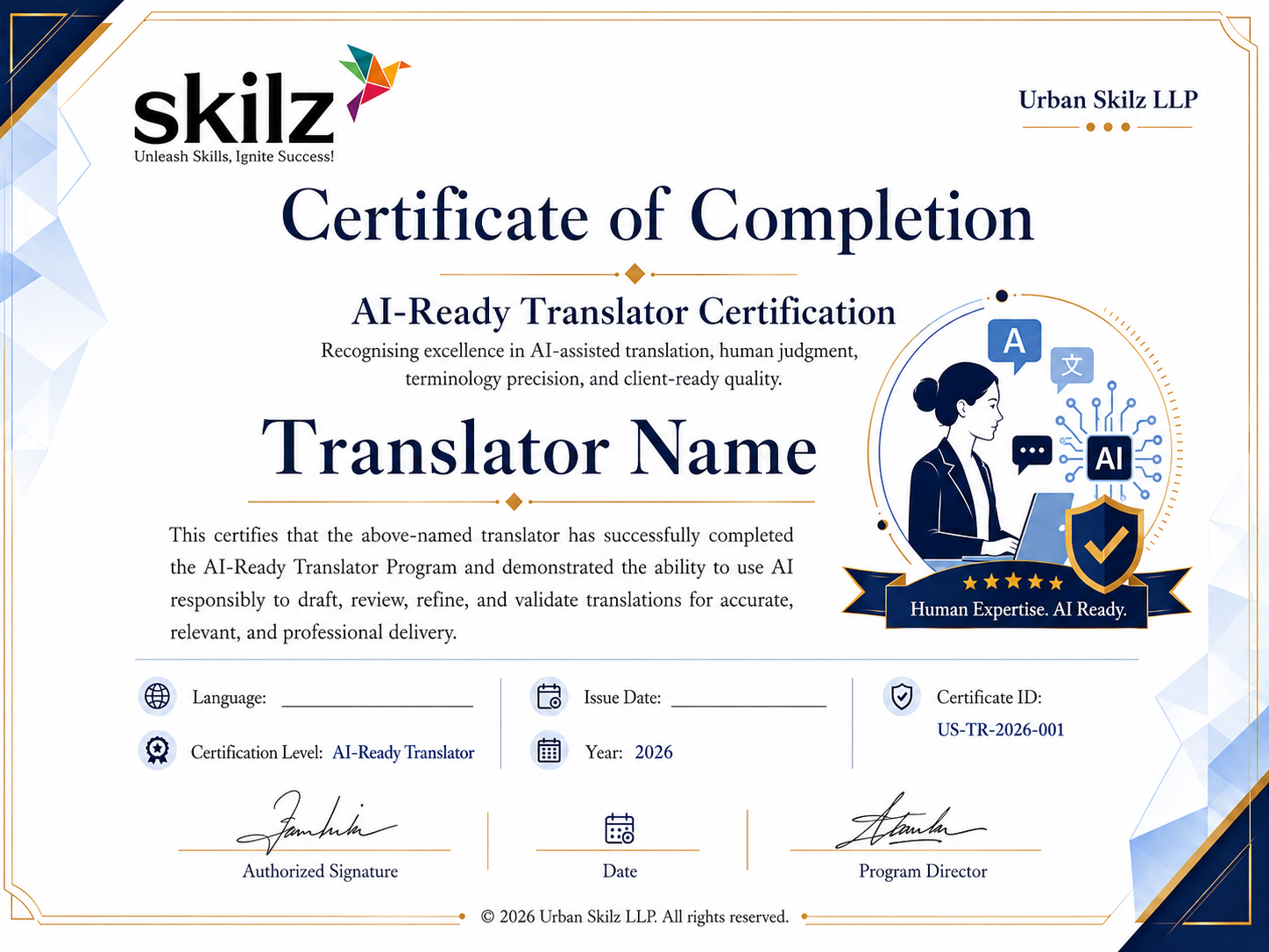 Urban Skilz AI-Ready Translator Certificate of Completion sample